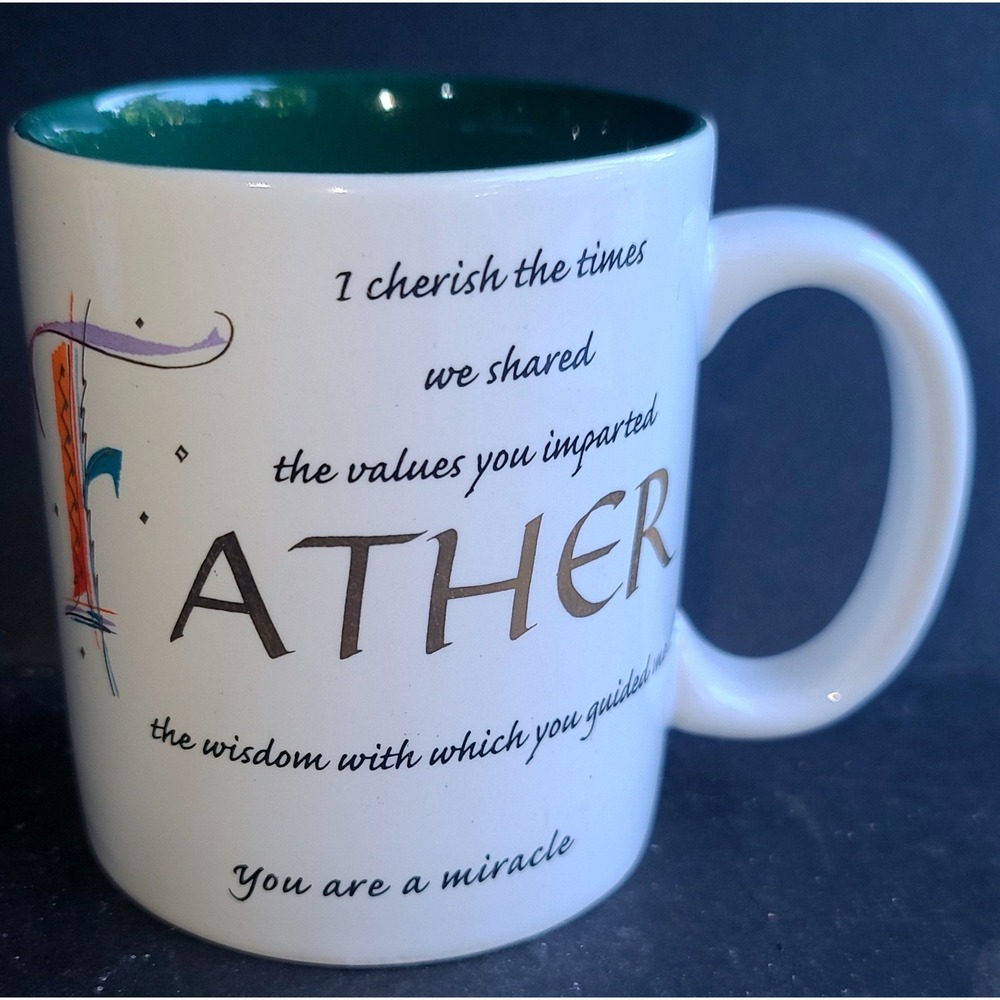 Father Poem Ceramic Coffee Mug White Green Interior 12846 Vintage Russ Berrie